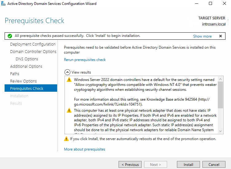 Installing Active Directory Domain Services in Server Manage