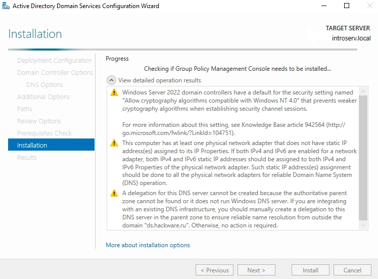 Installing Active Directory Domain Services in Server Manage