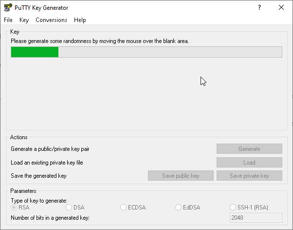 PuTTYgen generating key — move mouse for entropy
