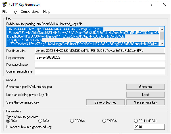 PuTTYgen with generated public and private keys ready to save