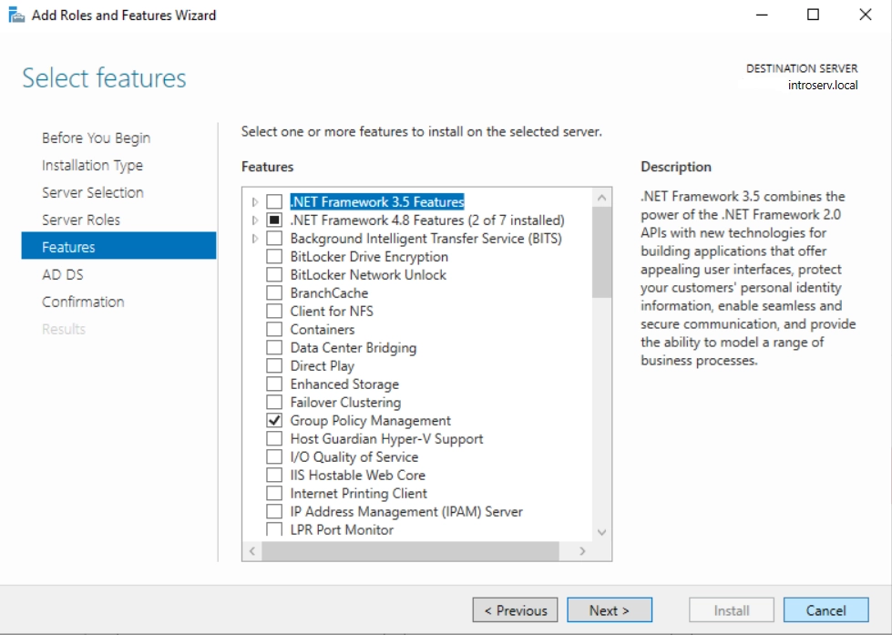 Installing Active Directory Domain Services in Server Manage