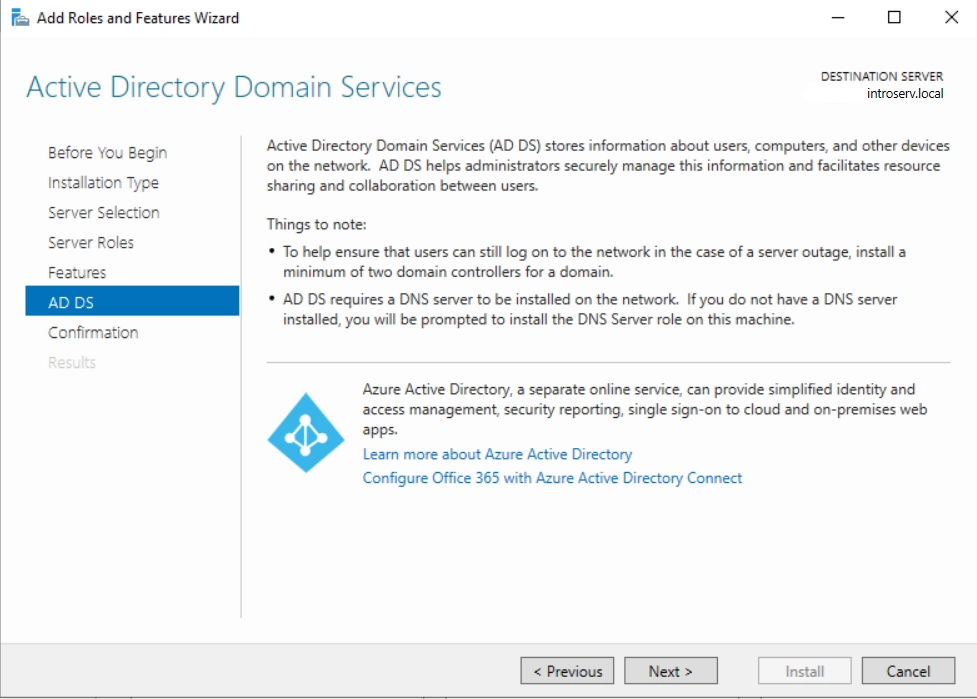 Installing Active Directory Domain Services in Server Manage