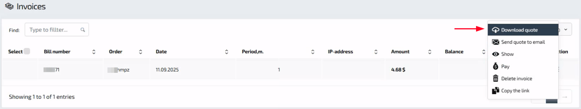 Actions menu for invoice