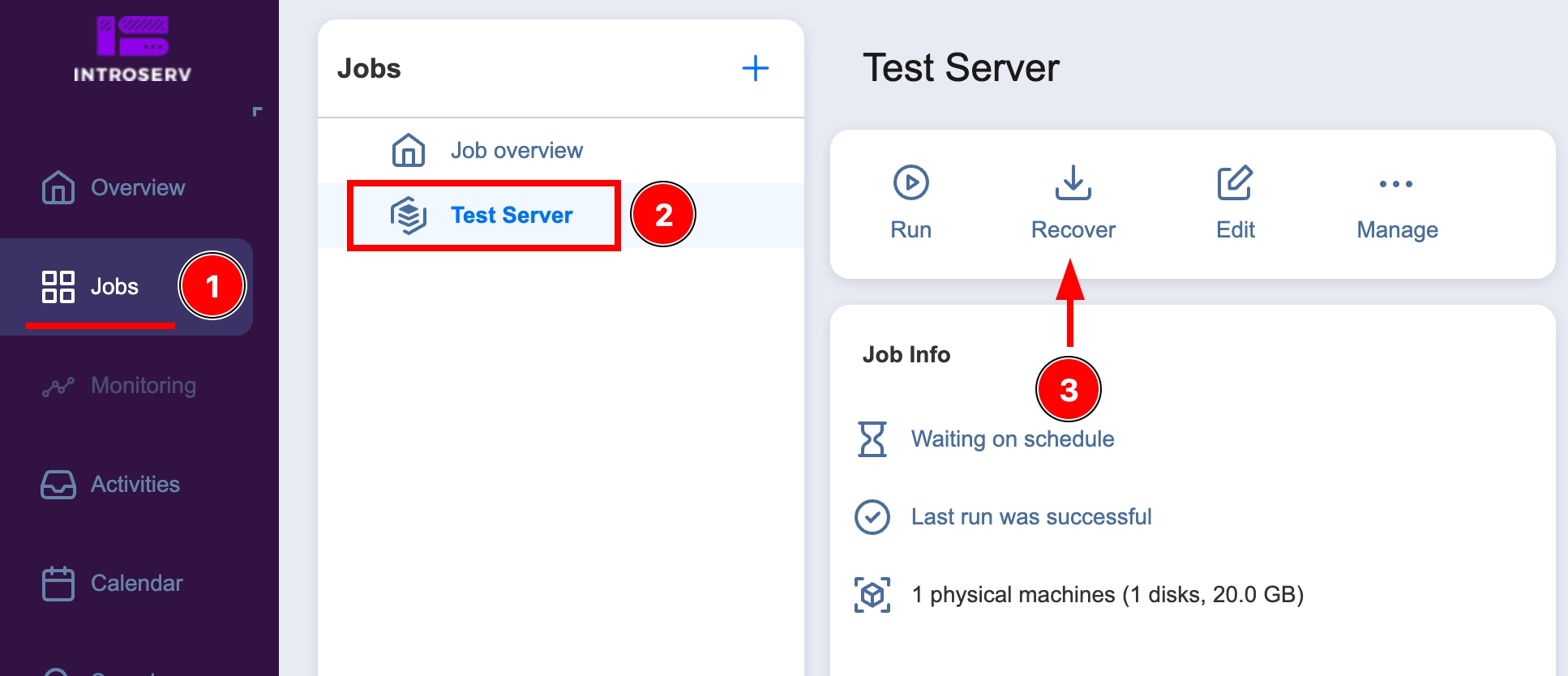 Server backup using INTROSERV Backup service