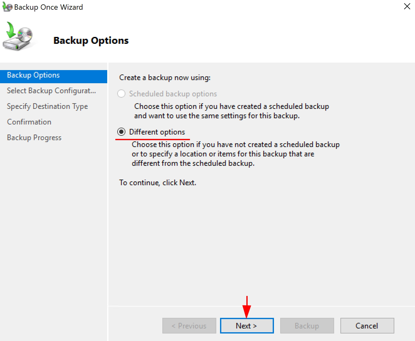 Server backup using Windows Server Backup service