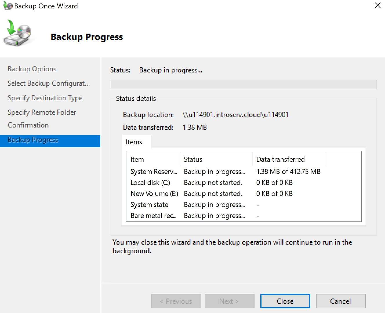 Server backup using Windows Server Backup service