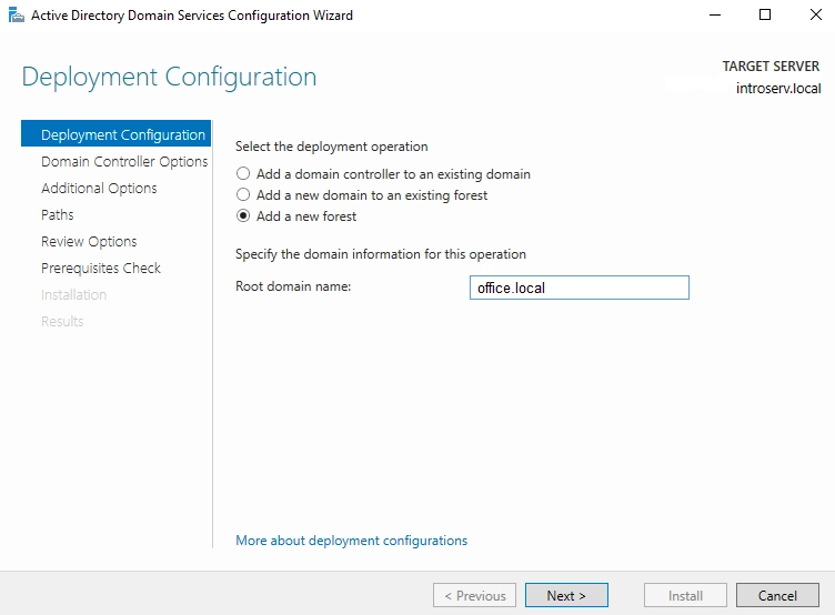 Installation der Active Directory-Domänendienste in Server Manage