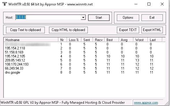 Comprobación del canal WinMTR