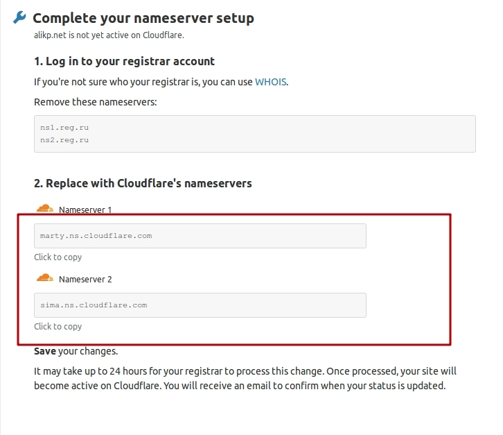 Transferencia del nombre de dominio al servicio DNS externo CloudFlare