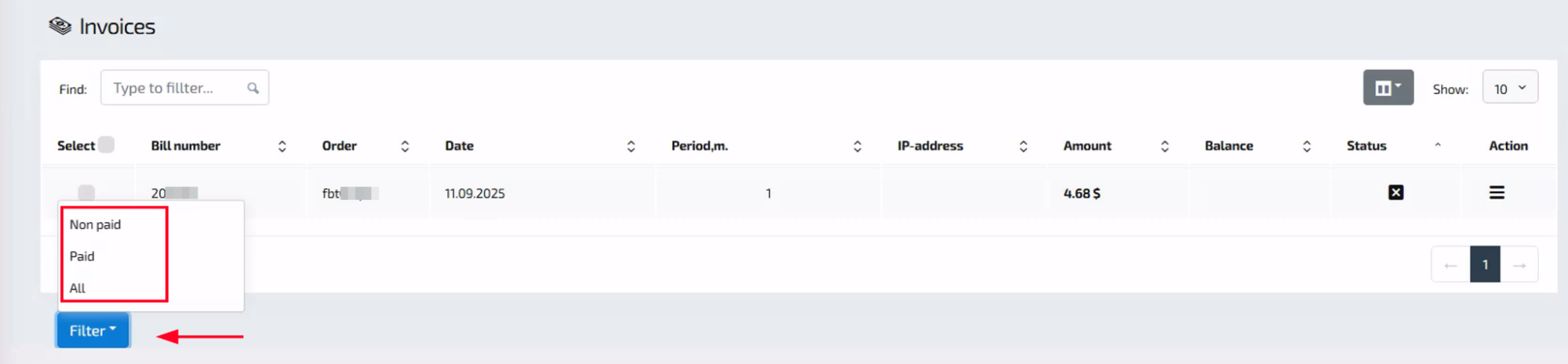 Filter invoices by status