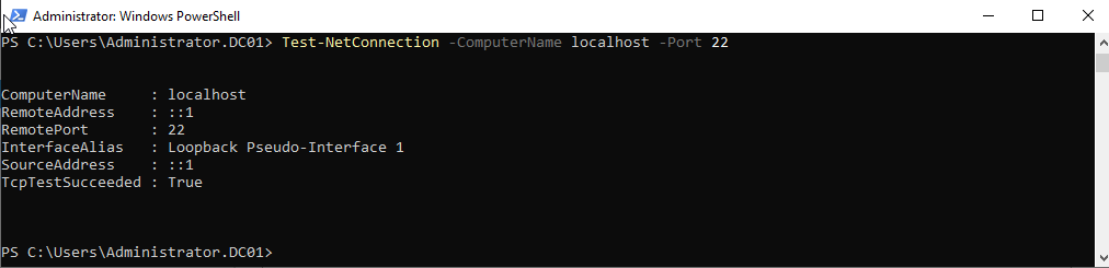 Uspješno izvršen Test-NetConnection na portu 22