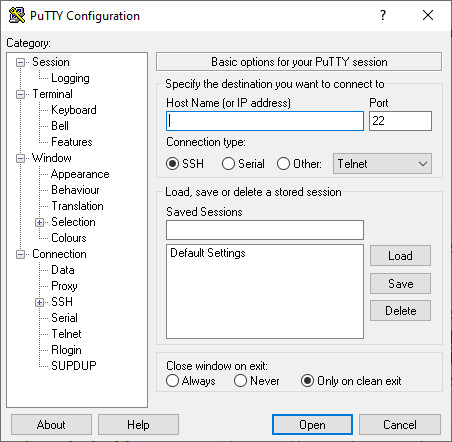 Finestra principale della sessione PuTTY con host e porta configurati