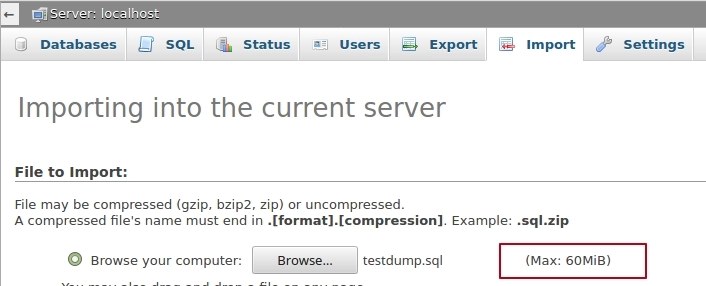 Limitazione di PhpMyAdmin sulla dimensione del file caricato