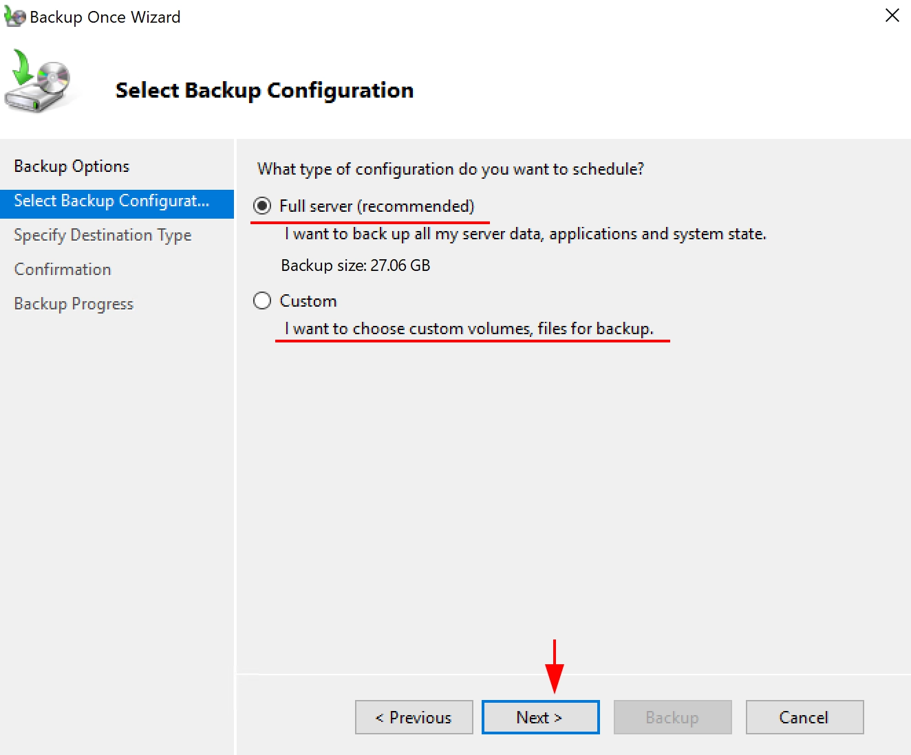 Backup del server utilizzando il servizio Windows Server Backup