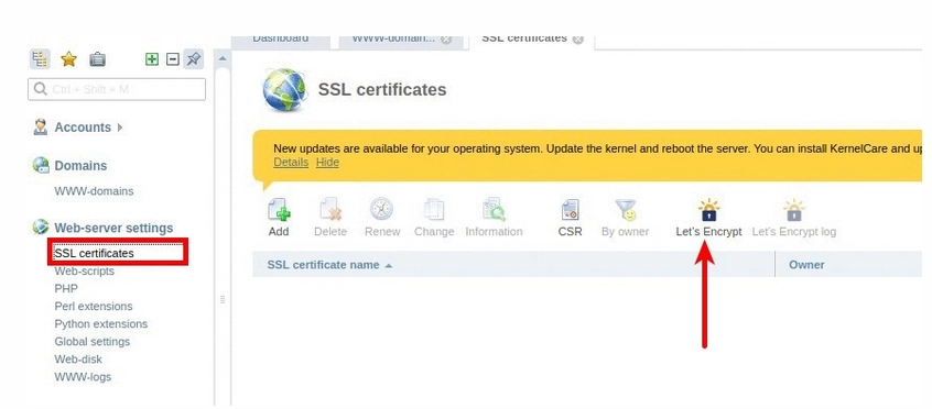 ISPmanager che crea un certificato SSL Let's Encrypt