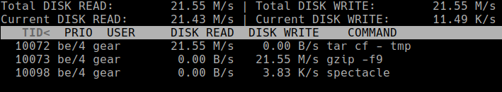 iotop-c che mostra uno script di backup in cima con alto uso I/O