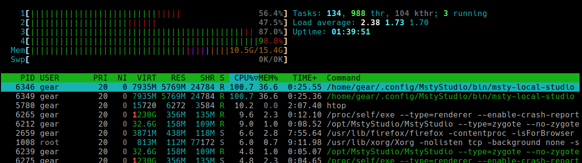 htop che mostra il processo msty-local-studio in cima consumando alta CPU e memoria