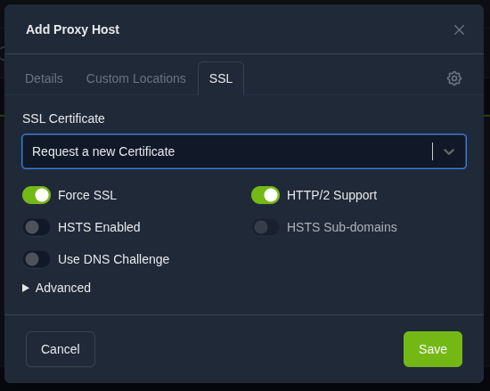SSL configuration tab in Nginx Proxy Manager