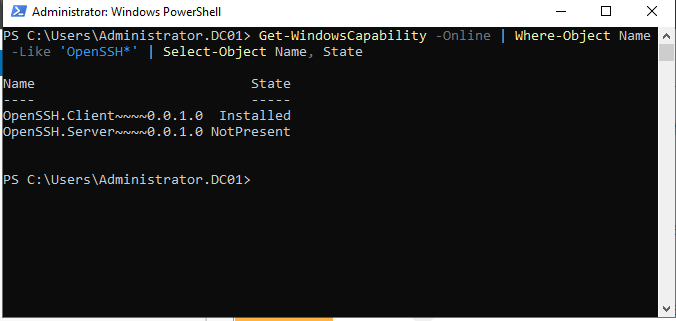 Provjera je li značajka OpenSSH Server instalirana