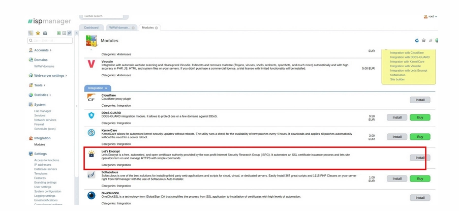 ISPmanager tworzący certyfikat SSL Let's Encrypt