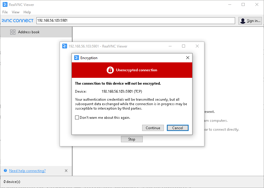 RealVNC Viewer с введённым адресом сервера