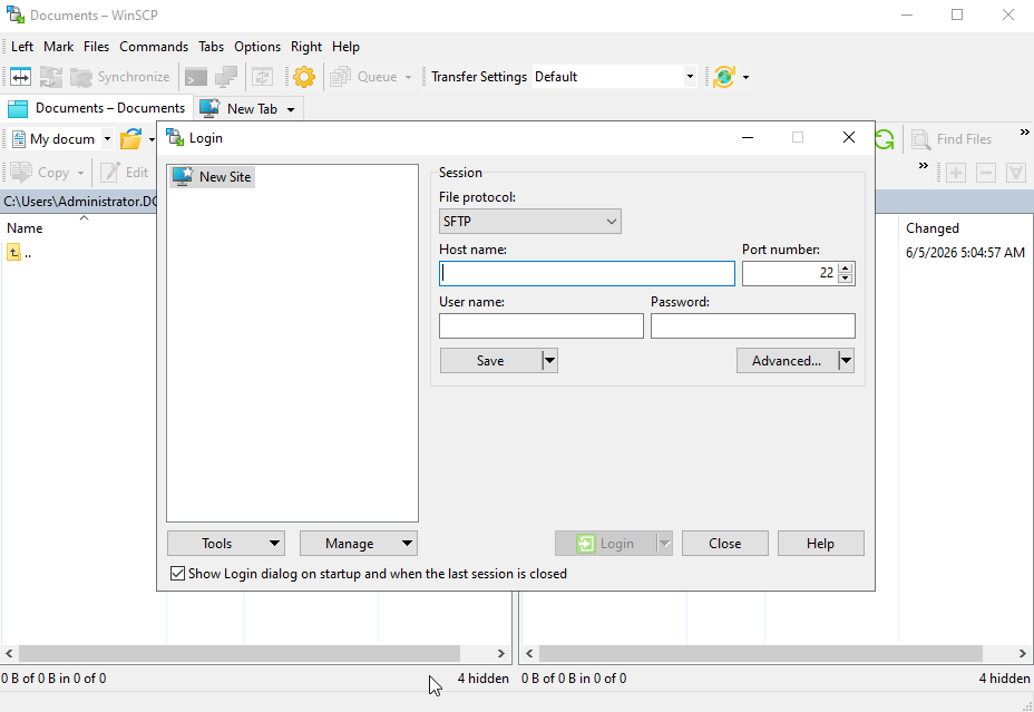 Prijavno okno WinSCP z izbranim protokolom SFTP