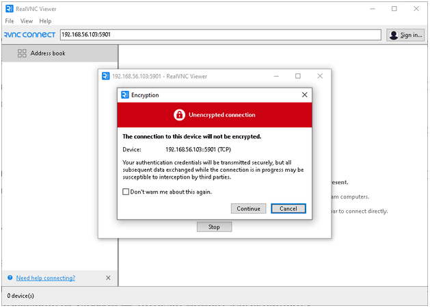 RealVNC Viewer z vnesenim naslovom strežnika