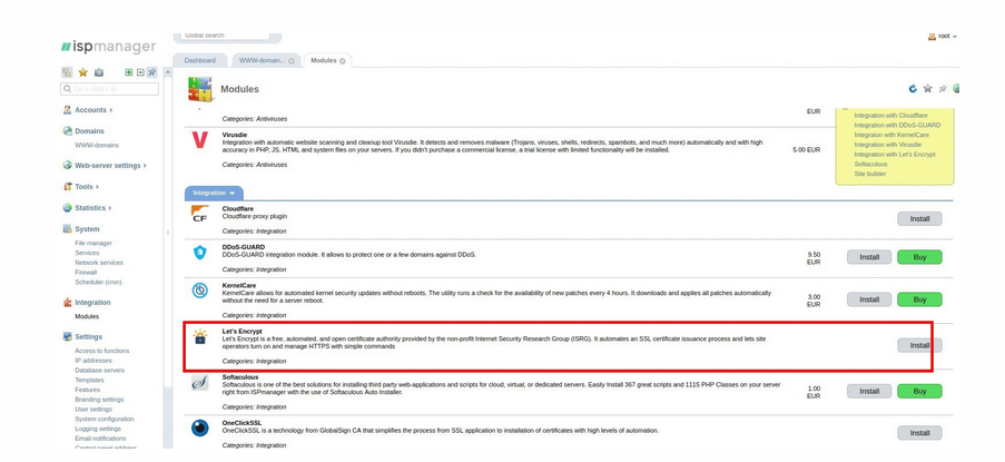ISPmanager SSL sertifikası oluşturma Let's Encrypt